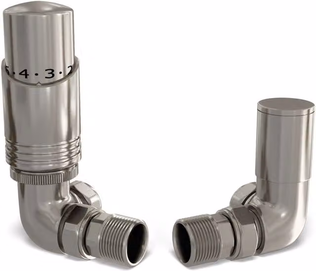 UK Radiators Talus Bold Angled Thermostatic Radiator Valve and Lockshield Set in Silver Nickel with 1/2" x 15mm Brass Fittings – 4