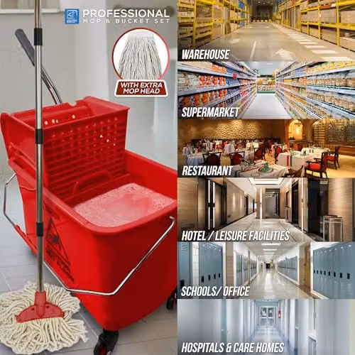 TDBS Kentucky Floor Mop and Bucket Set with Wringer and Refillable Head, Red and Yellow – 6