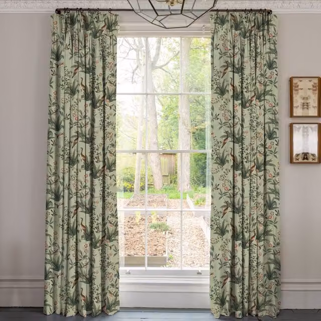 Linda Barker Rosa Fiore Linen Look Blackout Curtains in Eucalyptus Green Floral Design