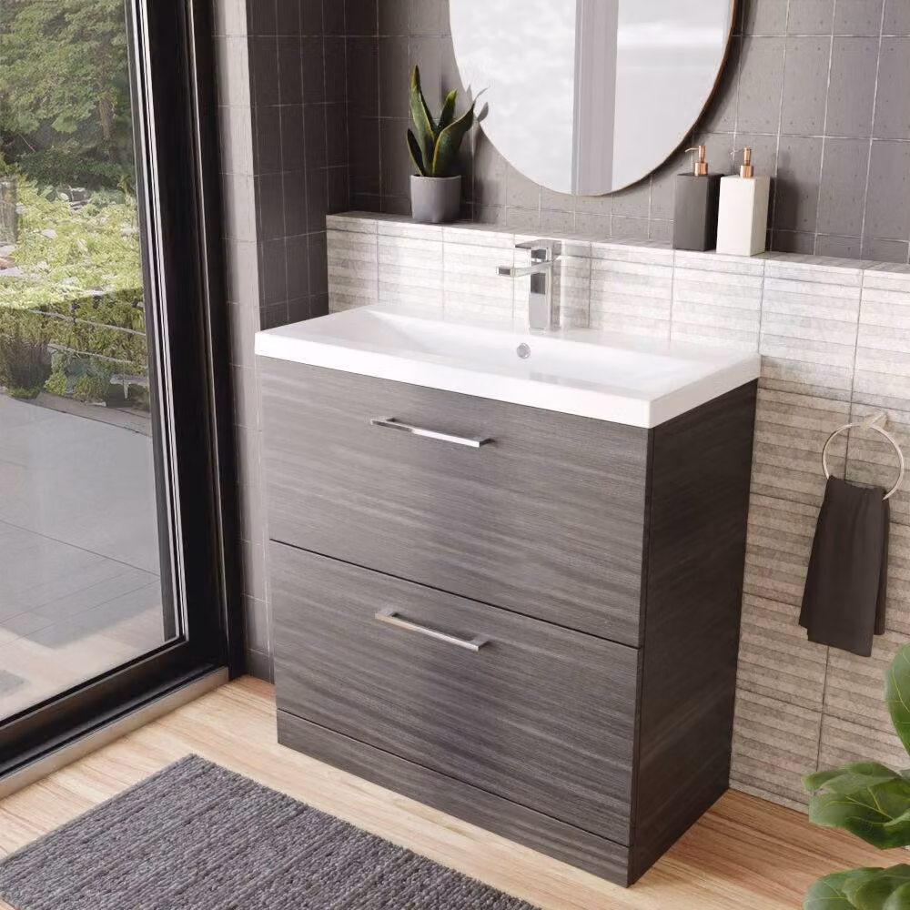 Balterley Contemporary Bathroom Floor Standing 2 Soft-Close Drawer Vanity Unit with Mid-Edge Ceramic Basin, Anthracite Grey, Width: 80 cm – 4