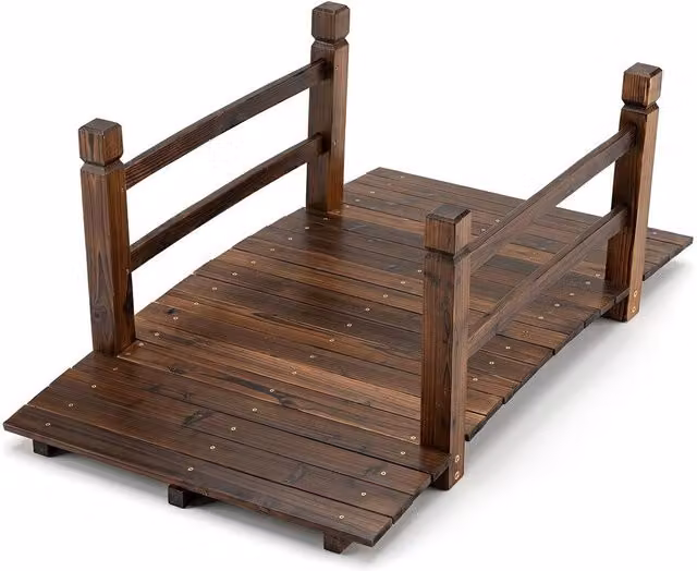 Havendro Fir Wood Garden Bridge with Safety Railings in Brown, 125 cm – 1