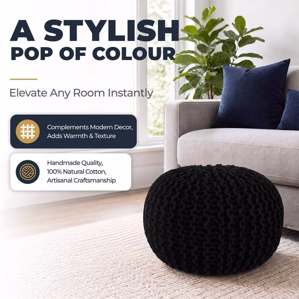 Bravich LTD Chunky Knitted Cotton Pouffe Footstool in Black, Diameter: 50 cm – 4