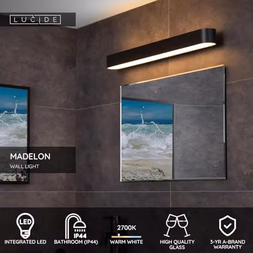 Lucide Madelon Black LED Bathroom Wall Light with Warm White Glass and Metal Finish, IP44 – 2
