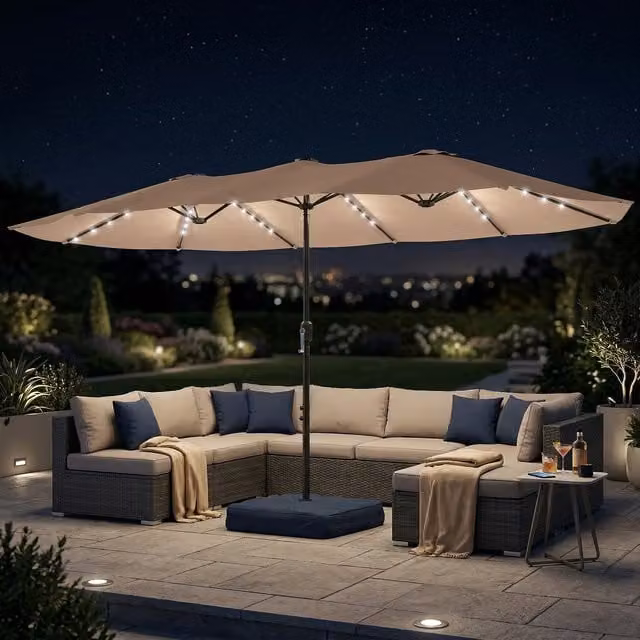 Outsunny 4.5m Double Sided Cantilever Garden Parasol with 60 LED Lights in Khaki