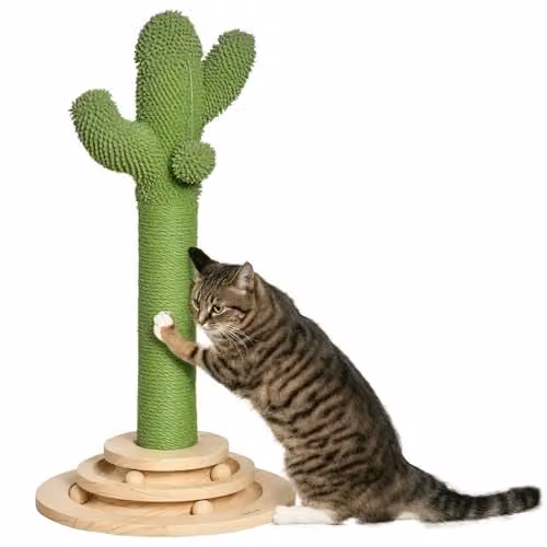 PawHut Cactus Cat Tree with Sisal Scratching Post and Interactive Toys, Green, W/D/H: 32 x 32 x 60 cm