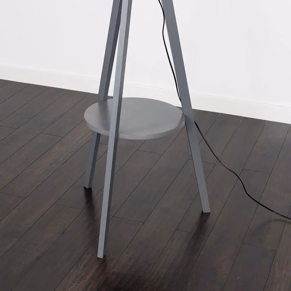 ValueLights Morrigan Grey Wood Tripod Floor Lamp with Fabric Drum Shade and Storage Shelf, H 148 x W 45 x D 45 cm – 3