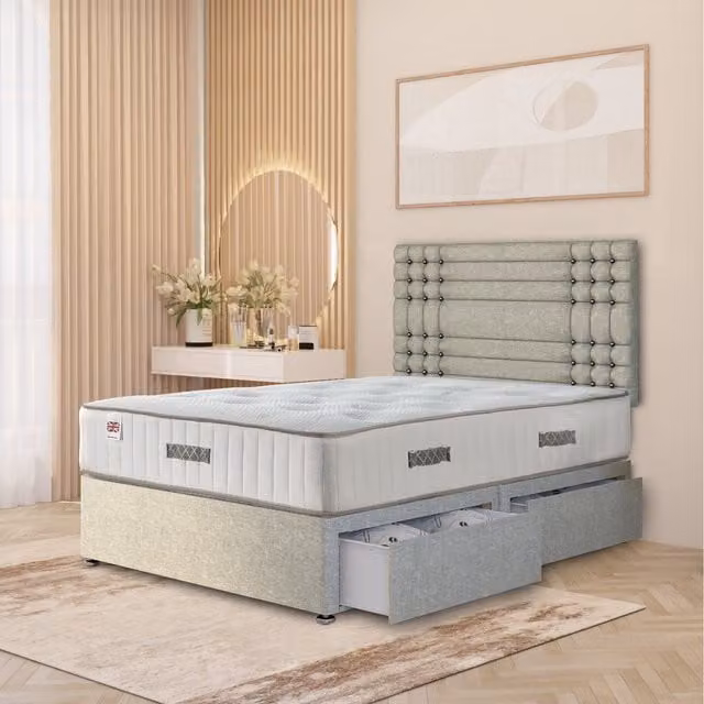 Somnior Beds Ltd Saville Upholstered Linen Divan Bed Set with Headboard and Drawers, Green, W/D/H: 140 x 200 cm