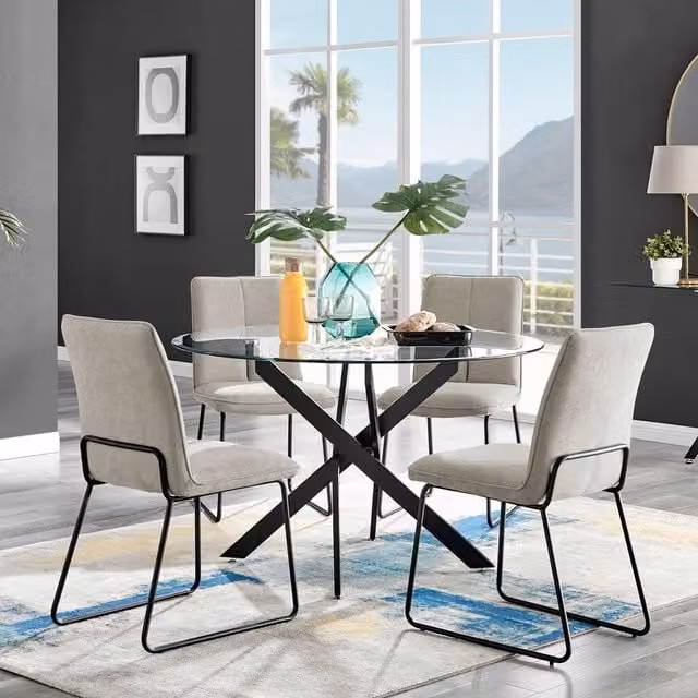 FurnitureboxUK Novara Round Glass Dining Table with 4 Halle Chairs in Black and Beige, Diameter: 120 cm