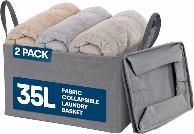 PAWNORA 2 Pack Collapsible Fabric Laundry Baskets with Handles, Grey, 35L