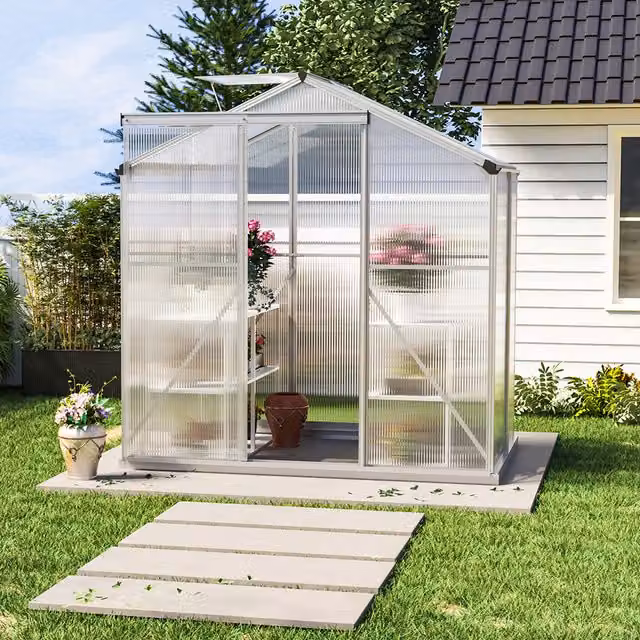 Livingandhome White Aluminium Framed Garden Greenhouse with Polycarbonate Panels, W: 130.8 cm, H: 190 cm