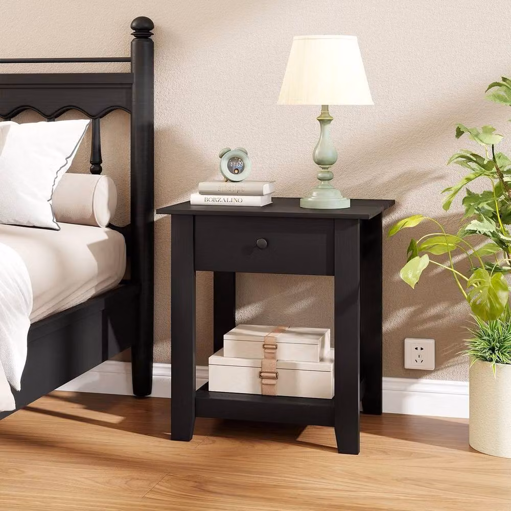 KORVIXA Set of 2 Modern 3-Tier Bedside Tables with Drawer in Black – 4