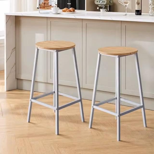 Livingandhome Set of 2 Industrial Round Bar Stools with Metal Frame and Wood Seat in White and Black