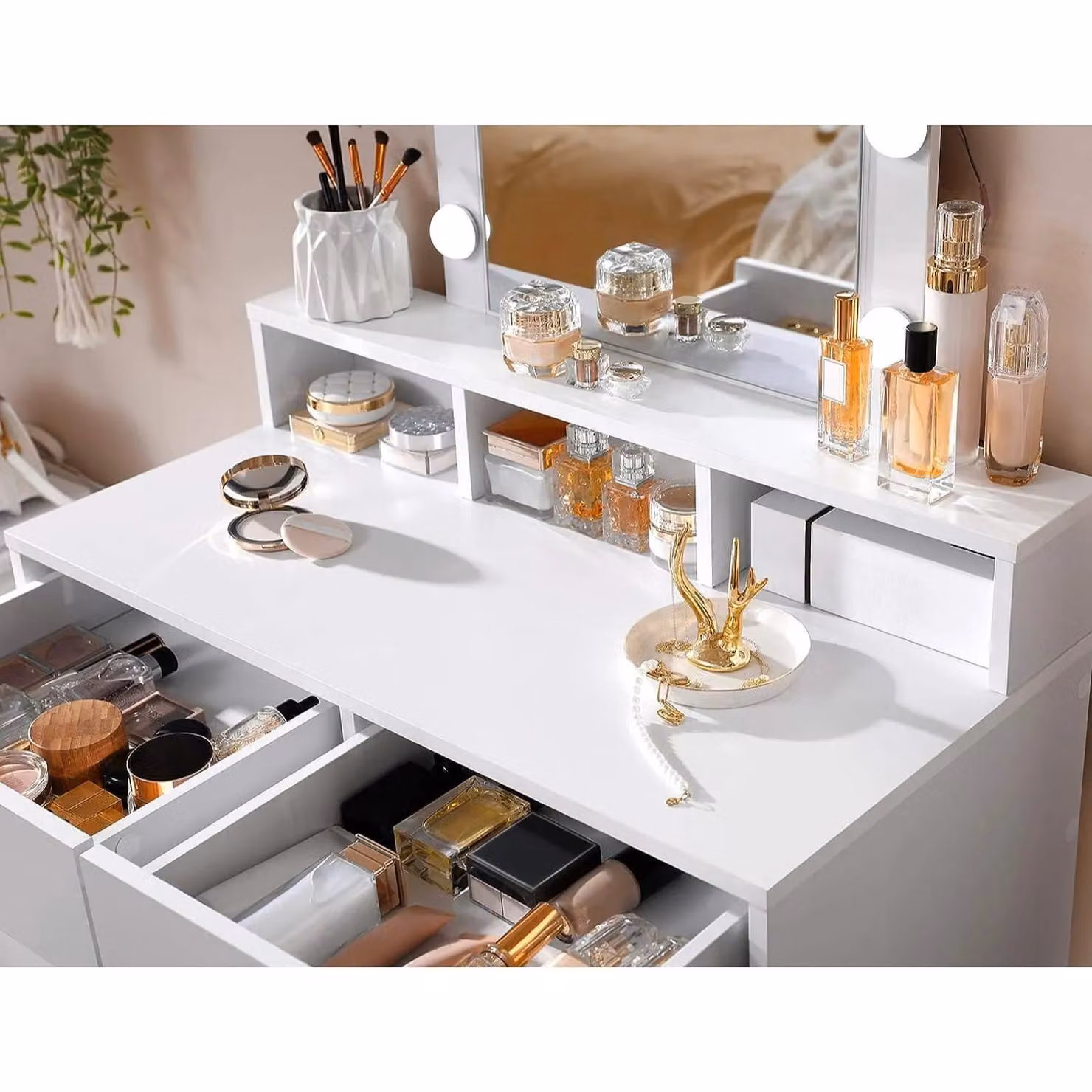 VASAGLE Modern White LED Vanity Table with Adjustable Brightness Mirror and 2 Drawers – 4