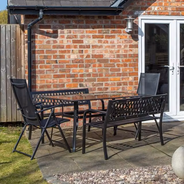Samuel Alexander 6 Person Black Glass Top Rectangular Garden Dining Set with Benches and Chairs W/D/H: 220 x 90 x 71 cm – 1