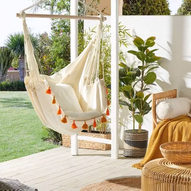Wyld and Coco Boho Hanging Hammock Chair in Beige and Orange Cotton Blend with Untreated Wood – 1