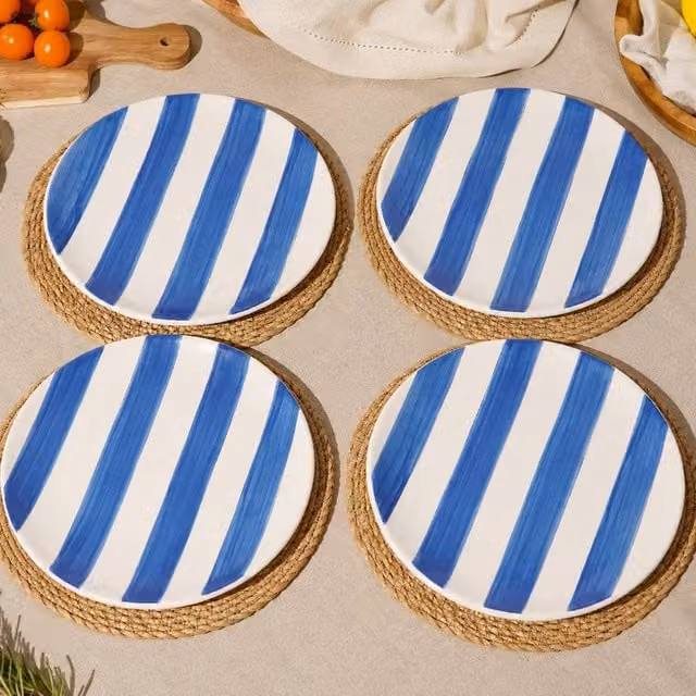 Hestia Set of 4 Blue and White Striped Ceramic Side Plates