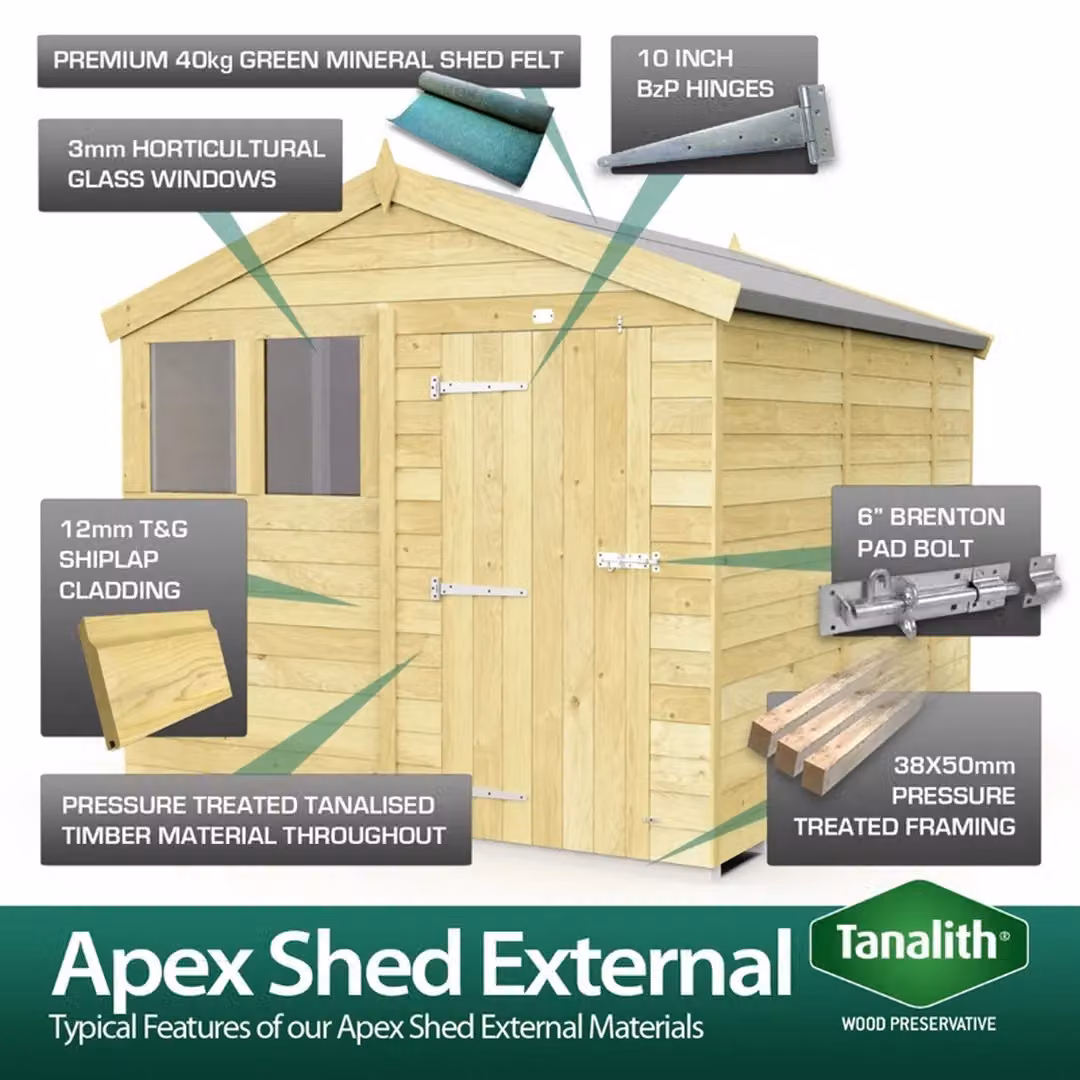 Buttercup Farm Apex Wooden Shed in Brown with Single Door and Windows, W: 147 cm, D: 472 cm, H: 217 cm – 2