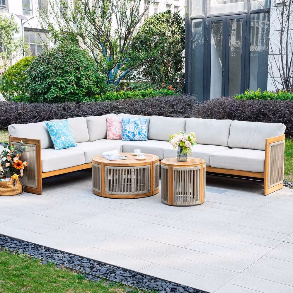 MIMO 6 Person Solid Acacia Wood L-Shape Outdoor Garden Corner Sofa Set with Beige Cushions and Coffee Table – 4