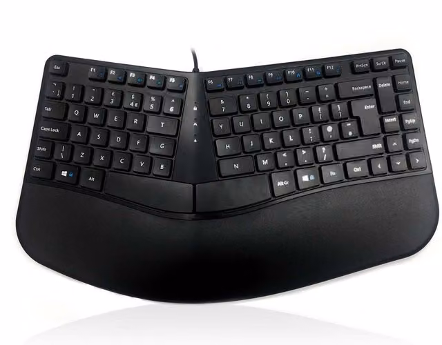 Accuratus Contour Ergo Split Membrane Keyboard with Reverse Tilt, Wired and Wireless, Black