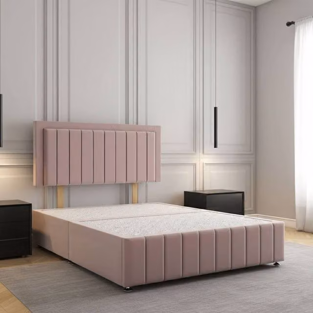 Regional Furnishings Pink Velvet Upholstered King Size Divan Bed Base with 24 Inch Headboard and Footboard