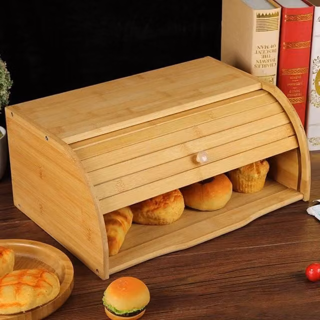 EONLION Bamboo Wooden Bread Box in Brown and Beige with Roll Front Lid – 1