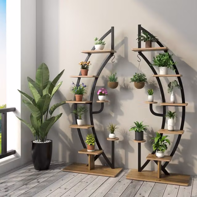 Costway Set of 2 Tall Wooden 8-Tier Plant Stand Racks in Natural Brown with Curved Half Moon Ladder Shelf Design – 1