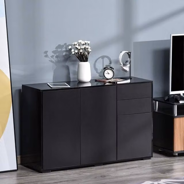 HOMCOM Modern Glossy Black Sideboard with 2 Drawers and 2 Doors for Living Room or Home Office
