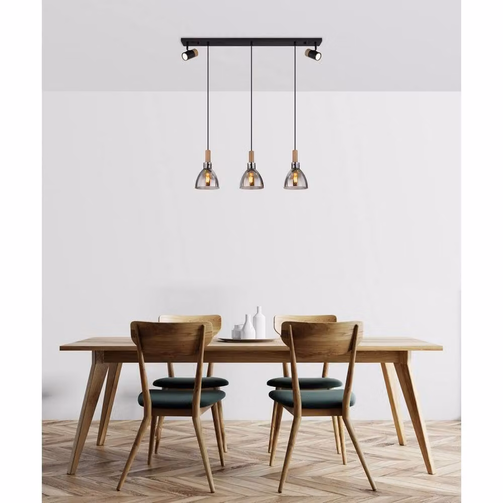 Netlighting Mattea Bar Pendant Ceiling Light in Black with Glass Shade, Height Adjustable, 3x E27 – 2