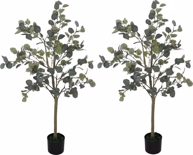 HOMCOM Set of 2 Artificial Green Eucalyptus Trees with 230 Silver Dollar Leaves, Height: 120 cm – 1