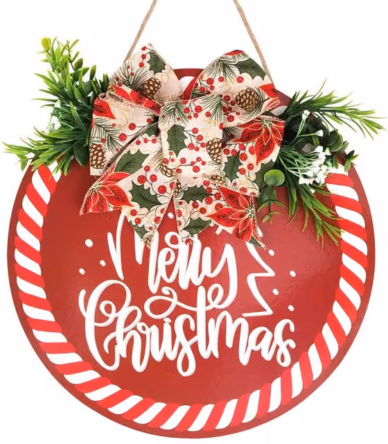 Neel Blue Round Christmas Wall Hanging Sign with Floral Design in Red and White, Diameter: 29.5 cm