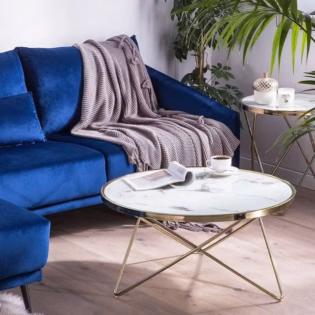 Wyld and Coco Round Marble-Effect Glass Coffee Table with Gold Hairpin Legs, White, Diameter: 80 cm, Height: 40 cm – 1