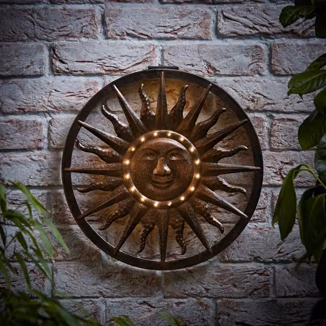 ValueLights Solar Powered Outdoor Sun Wall Light Garden Fence Ornament in Bronze Metal