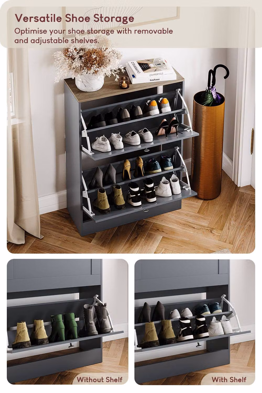 Vida Designs Modern Grey 2 Drawer Shoe Cabinet with Tilting Compartments – 3