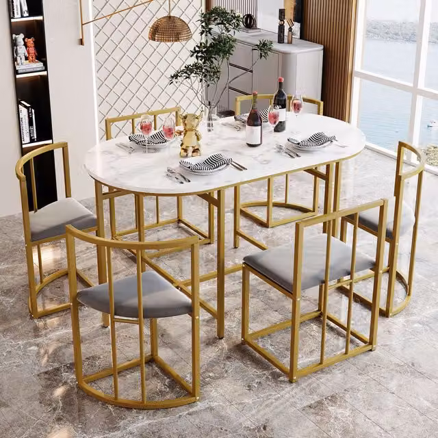 Aosom UK Modern Dining Table and 6 Chairs Set with Marble Pattern and Gold Iron Frame, W/D/H: 140 x 80 x 76 cm, Gold/White/Grey