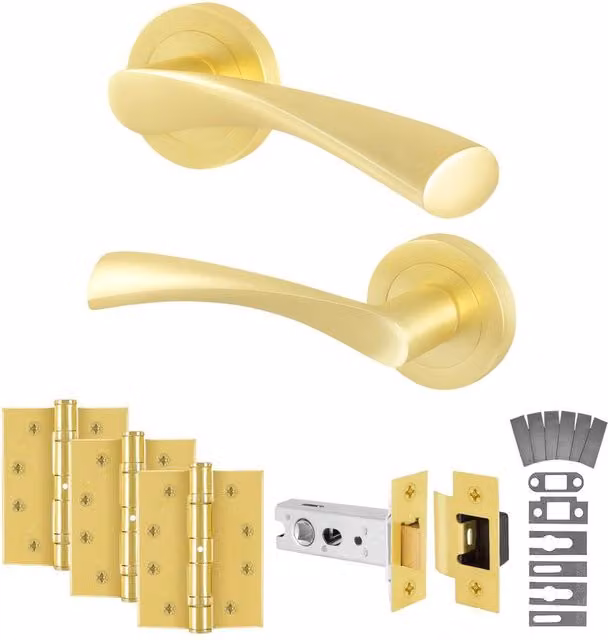 AFIT Novi Satin Brass Fire Door Handles with Round Rose Latch and Hinges, Gold, 1 Pair – 1