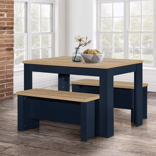 Birlea Highgate Modern Rectangular Dining Table and Bench Set in Blue and Oak