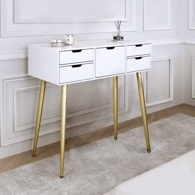 Carme Modern White and Gold Dressing Table with MDF and Metal Construction