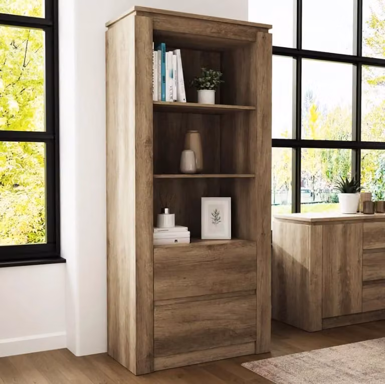 Cheap Furniture Warehouse Canyon Oak and Grey 2 Drawer 3 Shelf Bookcase for your Living Room, W/D/H: 79.2 x 39.5 x 177.3 cm