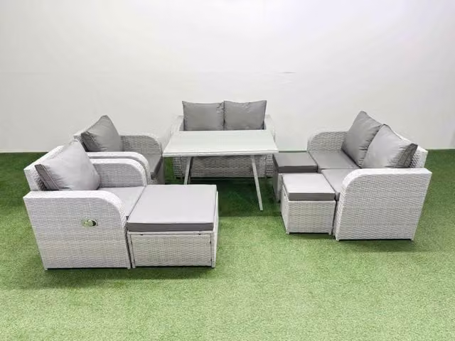 Fimous 9 Seater Rattan Garden Furniture Set in Light Grey with Upholstered Cushions