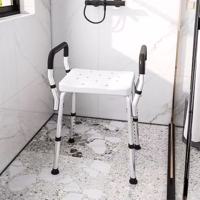 EONLION White Portable Bath Stool with Height Adjustable Legs and Non-Slip Metal Frame – 1