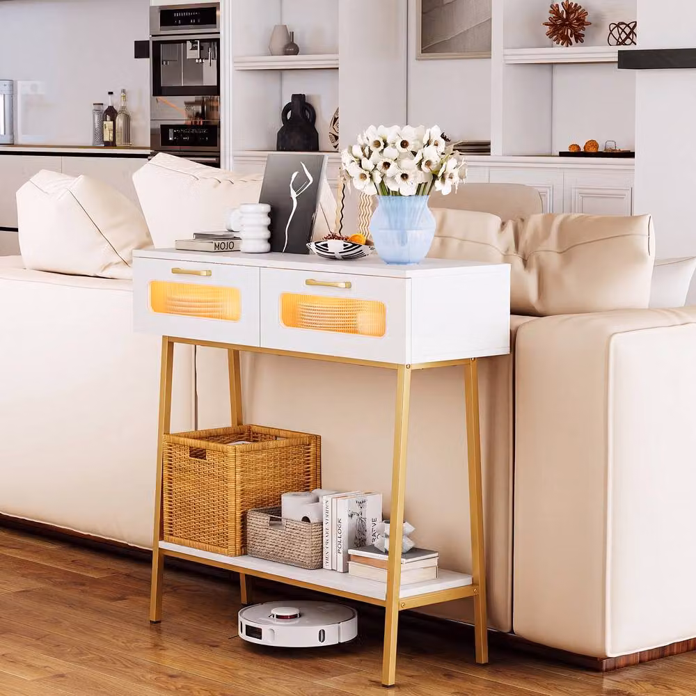 Gymax White Farmhouse Console Table with Colourful LED Lights and Rustic Wood Finish – 3