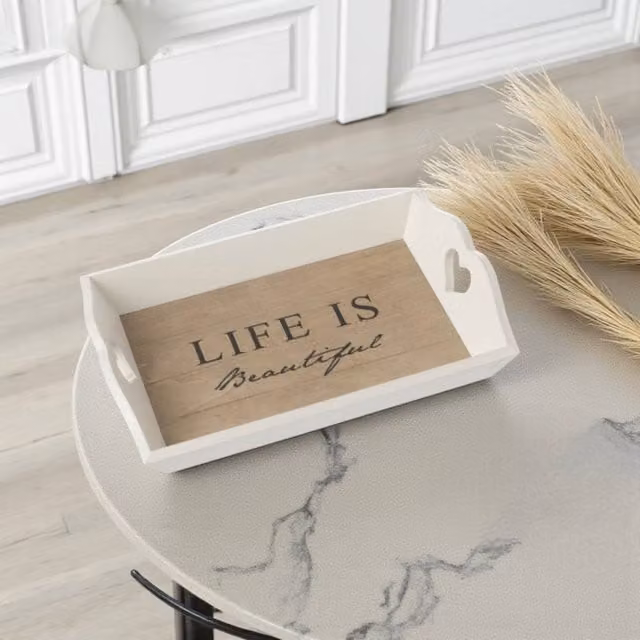 Garden Greatness Life Is Beautiful Decorative White Rectangular Wooden Tabletop Tray