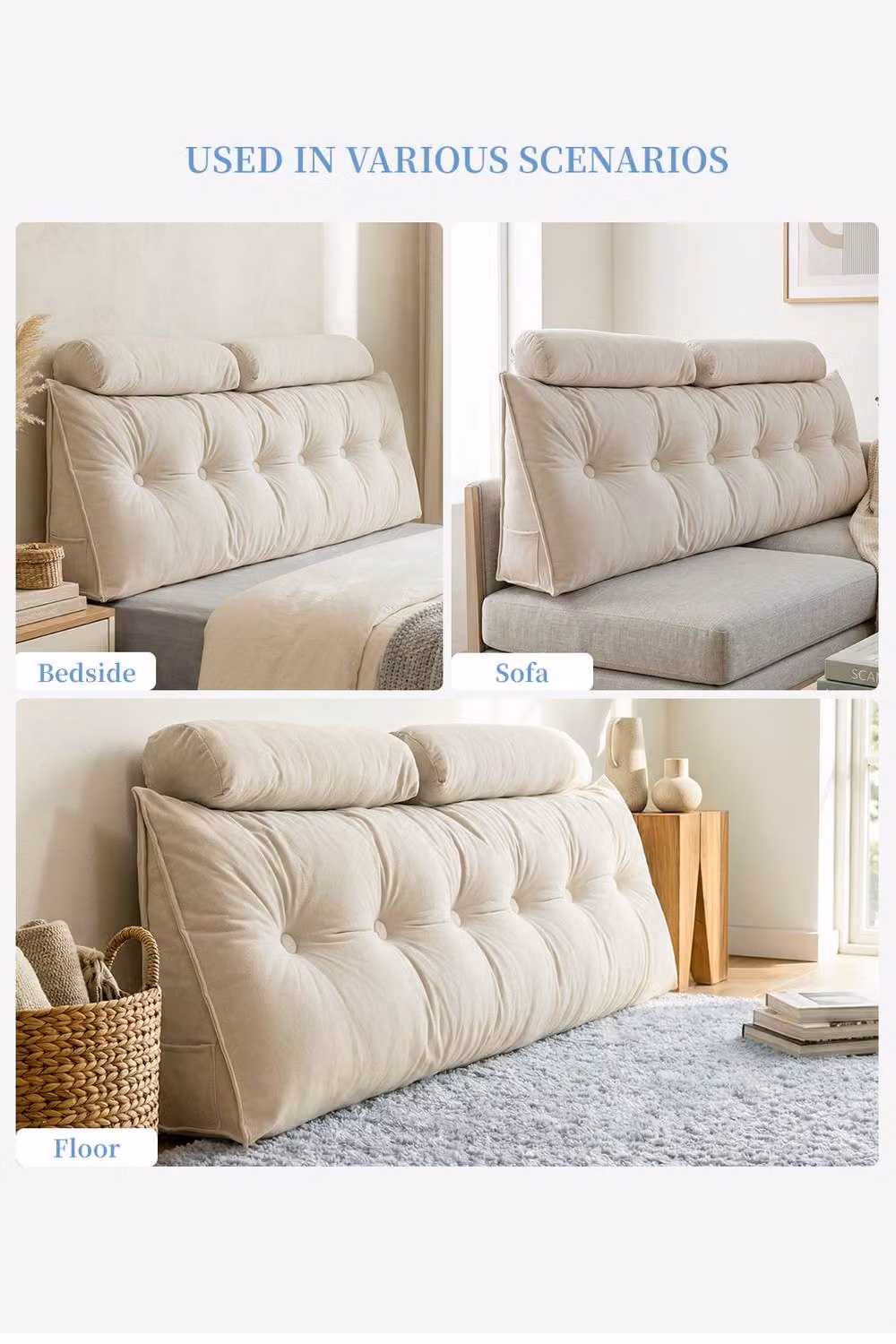 Garden Sanctuary Wedge Headboard Pillow with Removable Chenille and Cotton Cover and 2 Bolster Pillows in Beige