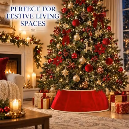 Shatchi Velvet Christmas Tree Skirt in Red and Gold, Diameter: 68 cm – 5