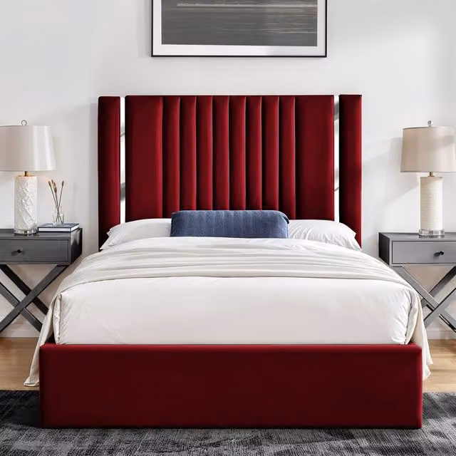 UK Bed Furniture Valencia Gas Lift Storage Upholstered Bed in Red Velvet, W/D: 90 x 190 cm