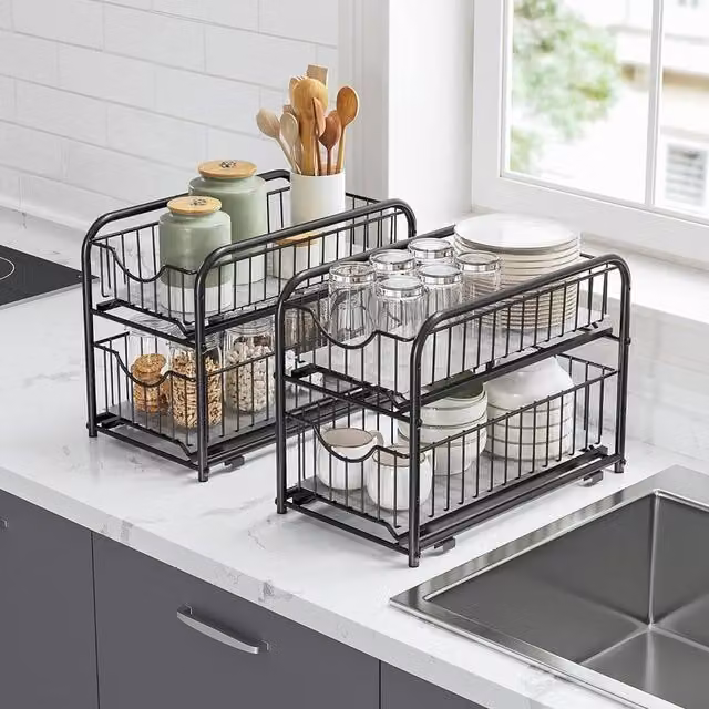 The Bazaarist 2 Tier Under Sink Organizer with Pull Out Drawers, Black