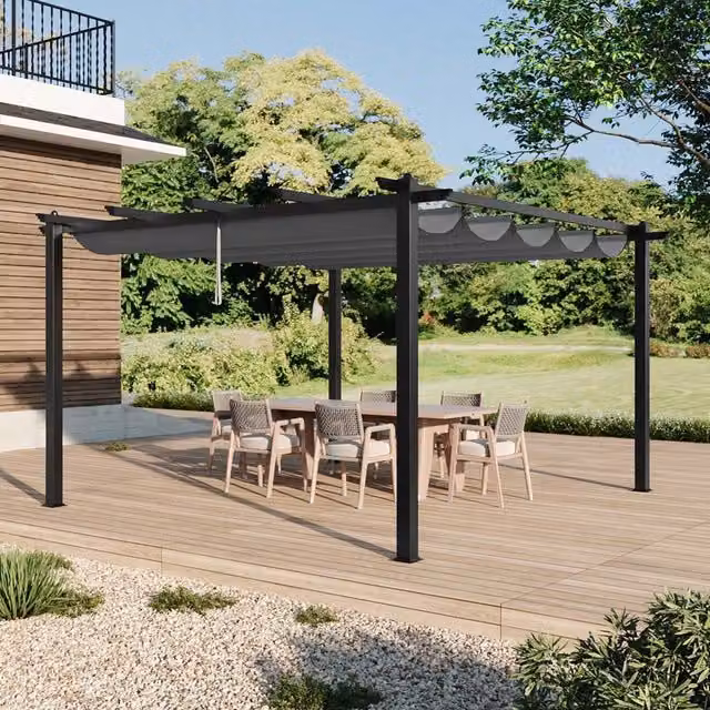 Livingandhome Modern Aluminium Garden Pergola with Retractable Roof in Light Grey