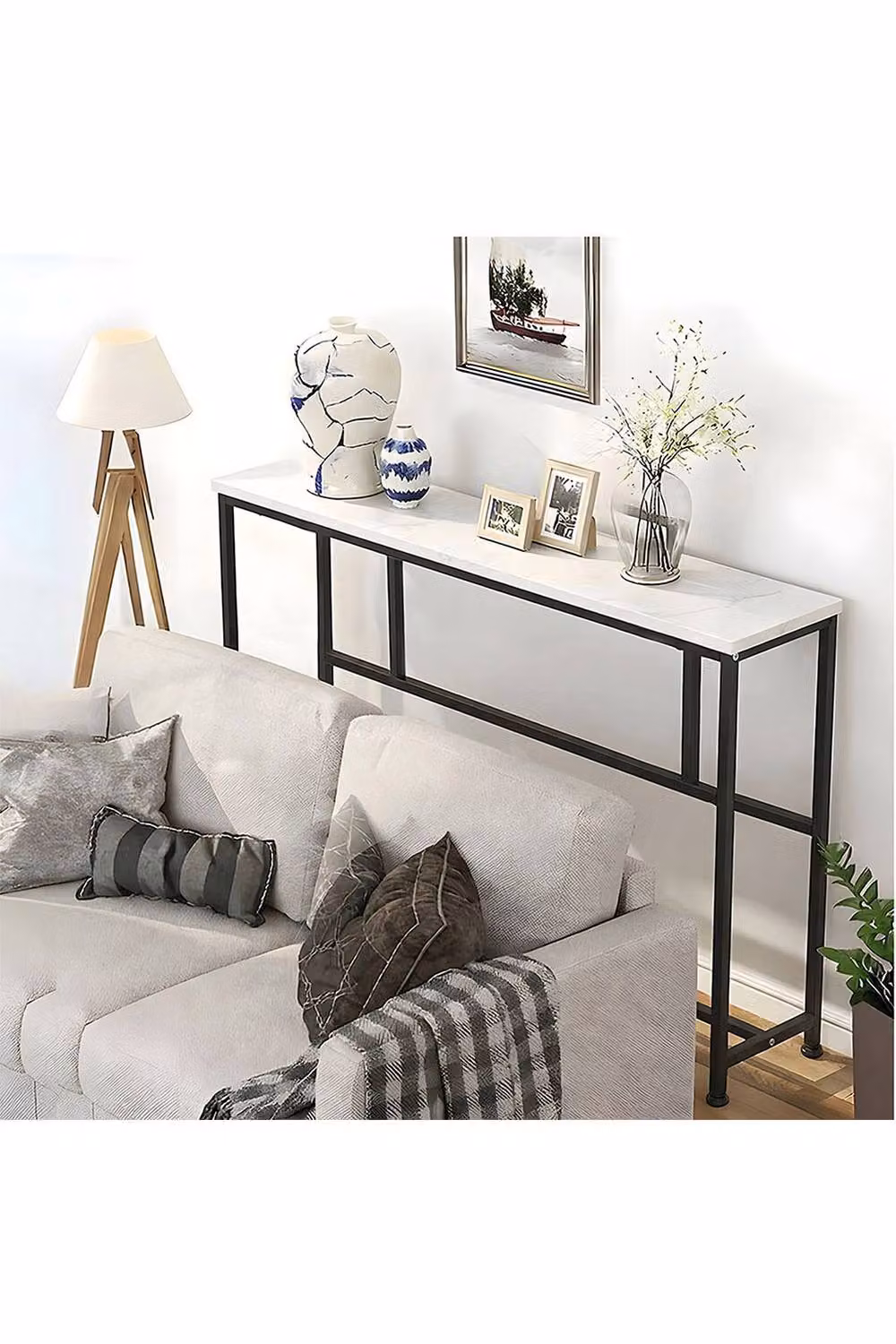 Living and Home Narrow Marble-Effect Console Table in White – 2