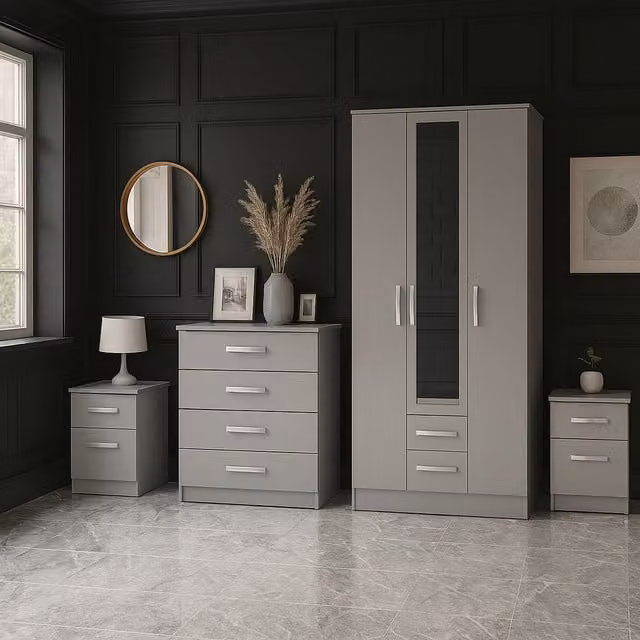 Birlea Lynx 4 Piece Modern Grey and Silver Glossy MDF Furniture Set including Wardrobe, Chest of Drawers and Bedside Tables