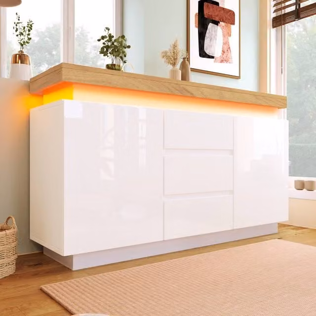 STILVORA Modern Glossy White Sideboard Cabinet with Integrated LED Lighting